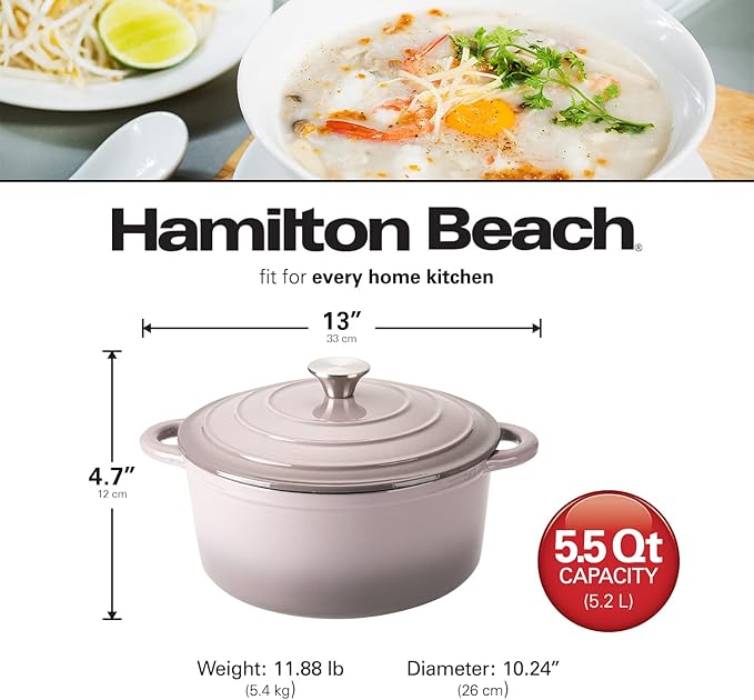 Hamilton Beach 5.5-Quart Enameled Cast Iron Dutch Oven with Lid | Heavy-Duty Pot for Braising Roasting &amp Baking | Gray