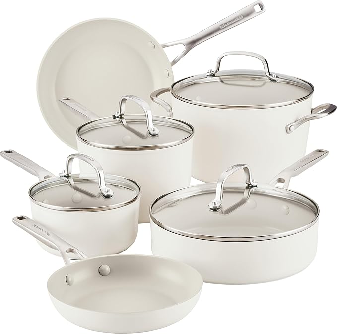 KitchenAid Hard Anodized Ceramic Nonstick Pots and Pans Set with Saucepans Frying Pans Stockpot and Lids 10 Piece Non Stick Cookware Set with Stainless Steel Handles - Porcelain White