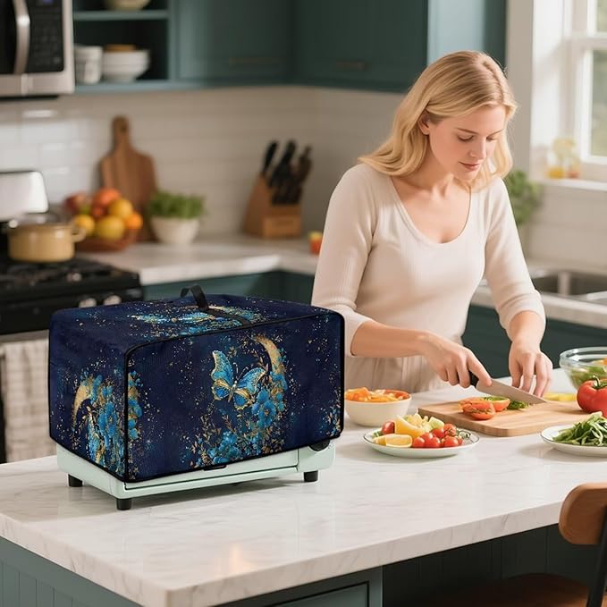 Heat-Resistant Toaster Oven Cover Faux Linen Polyester Appliances Dust Cover for Convection Toaster Oven Air Fryer with Top Handle Side Pockets Moon Butterfly Flower