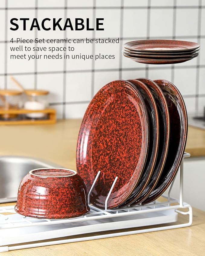 Hasense Dinnerware Sets for 4 8 Piece Porcelain Plates and Coffee Mugs Marble Red Glaze Round Dish Set Modern Ceramic Dinnerware Set Dishwasher Microwave Safe