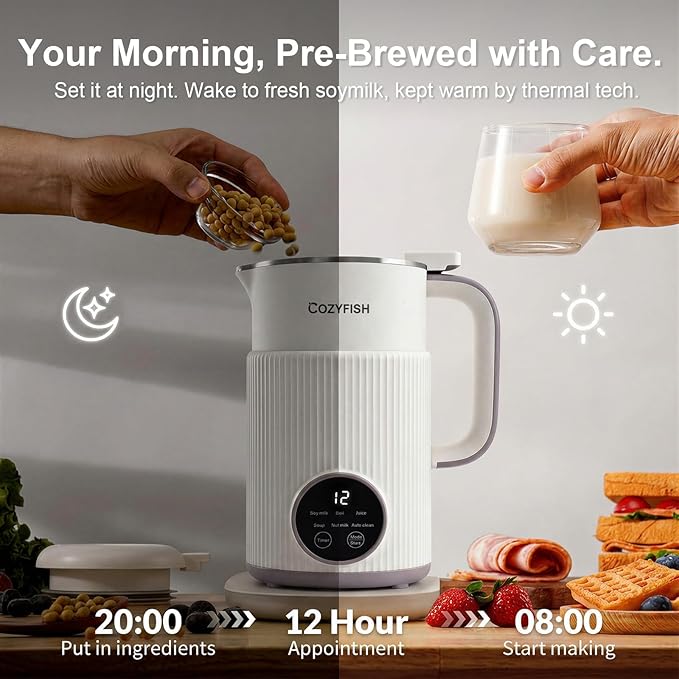 Cozyfish 35oz Nut Milk Maker Multi-Functional Automatic Soy &amp Almond Milk Machine with 12-Blade Stainless Steel for Oat Soup Juice &amp Plant-Based Beverages Timer Auto Clean Keep Warm Boi