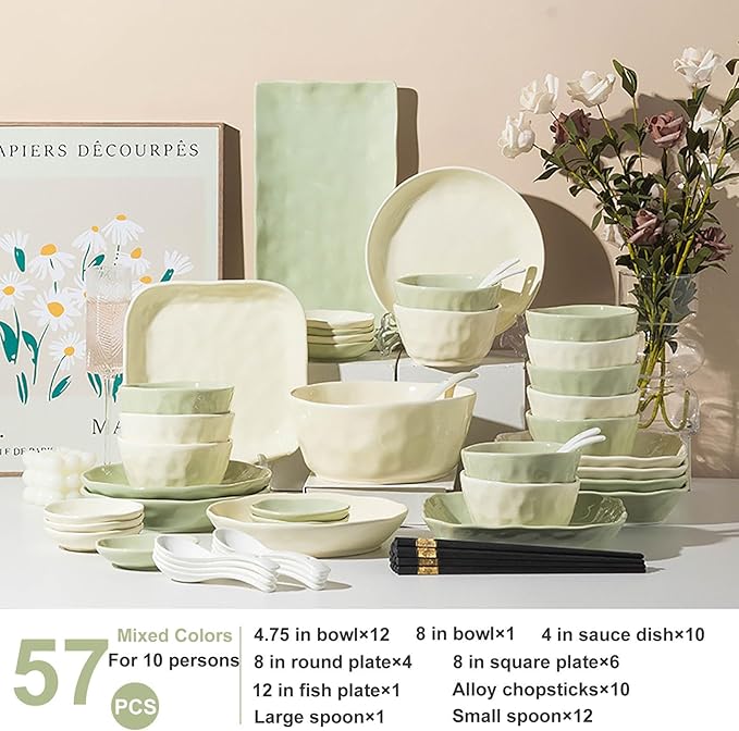 43/57 Pieces Bowls and Plates Set Cream Style Dinner Set Stackable Dishes Sets Dishwasher Safe Dinnerware Sets Easy to Heat Microwave and Oven Safe Two Colors Mix and Match Service for 8/10 Peoples(57