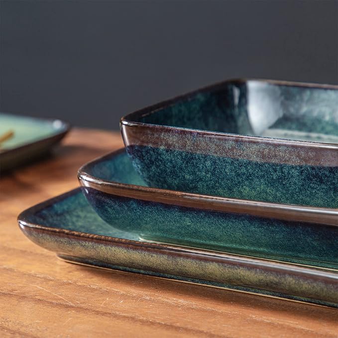 vancasso Stern Green Dinner Set- Square Reactive Glaze Dish Set- 16 Pieces Kitchen Dinnerware Stoneware Crockery with Dinner Plate Dessert Plates Bowl and Soup Plate Service for 4
