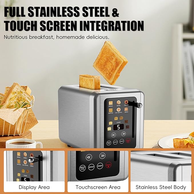 WHALL® Touch Screen Toaster 2 Slice Stainless Steel Digital Timer Toaster 6 Bread Types &amp 6 Shade Settings Smart Extra Wide Slots Toasters With Bagel Cancel Defrost Functions