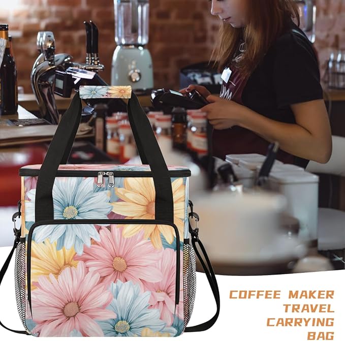 Daisy Flower Pattern Coffee Maker Carring Bag Travel Carrying Storage Tote Bag Compatible with Keurig K-Mini or K-Mini Plus Portable Single Serve Coffee Brewer Case with Pockets for K-cup Pods
