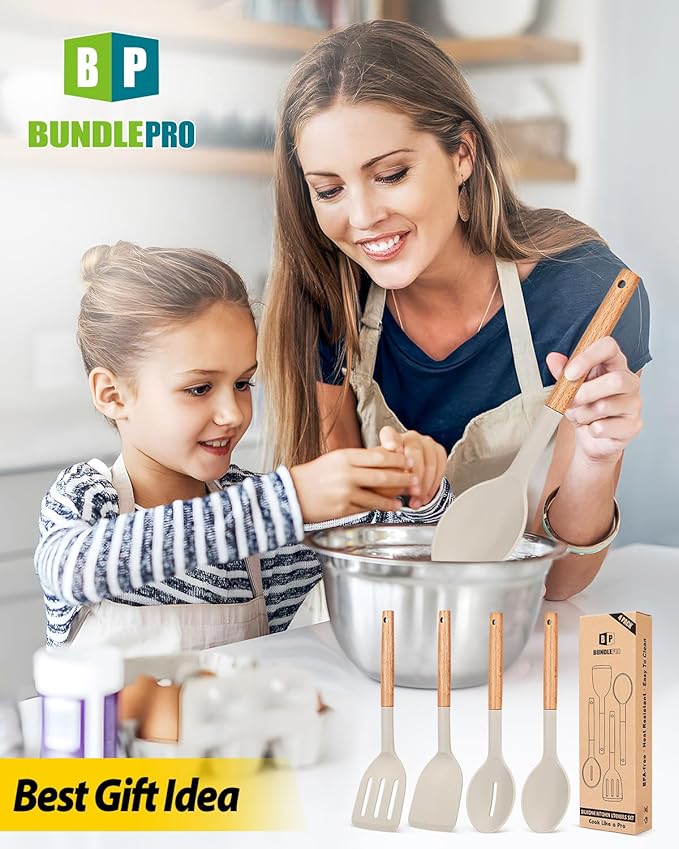 Pack of 4 Silicone Cooking Utensils Set Non Stick Solid Spatulas and Heat Resistant Slotted Spoons with Wooden Handle Ideal Wood Kitchen Utensils Set for FryingServingTurningStirring (KHAKI)