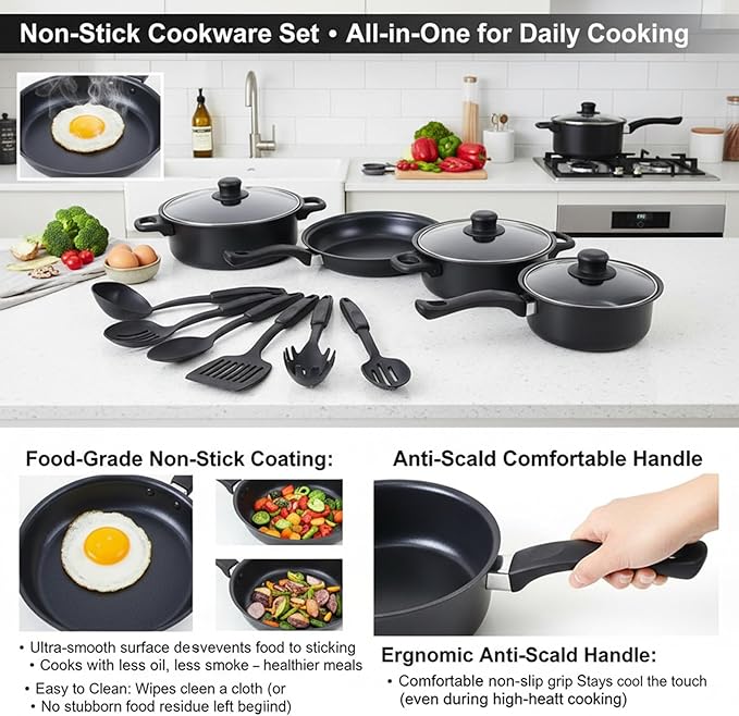 Non Stick Pots and Pans Sets 13-Piece Cookware Set with Frying Pans Saucepan Lid Spoon Spatula and More
