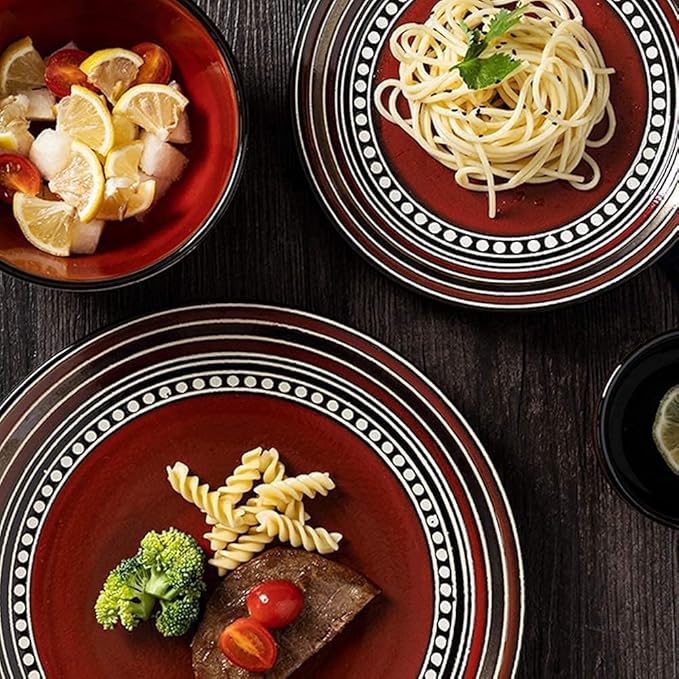 Elegant Dinnerware Set Dinner Plates Bowls Set 4-Piece Dinnerware Sets Retro Porcelain Tableware Set with Plates Bowls and Mugs Red Ceramic Dinner Set for Home Kitchen &amp Dining