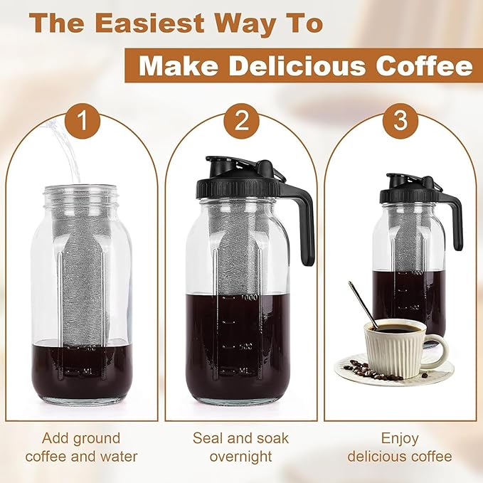 Cold Brew Coffee Maker Jar with Stainless Steel Filter Thick Glass Iced Coffee Pitcher Spout Lid Handle for Home Office Use Brew Overnight Dishwasher (2000ml)