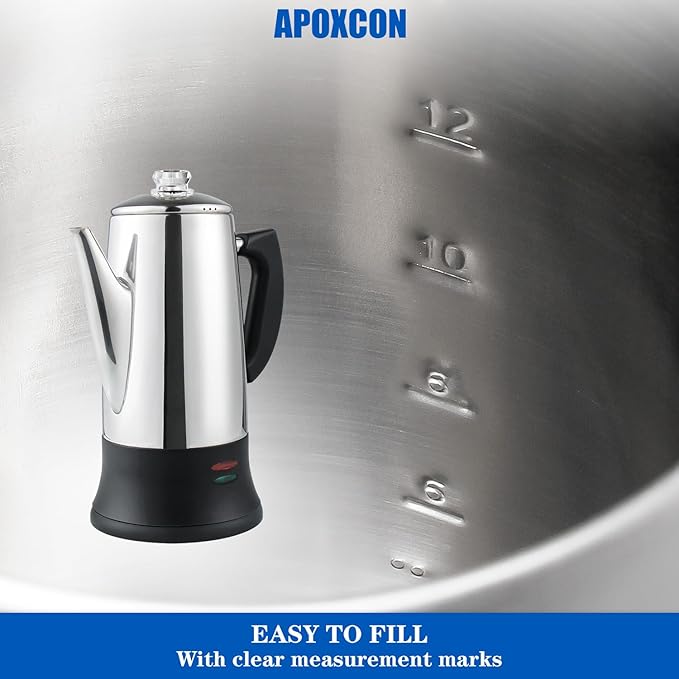 Electric Coffee Percolator Stainless Steel Coffee Maker with Heat Resistant Tough Glass Clear Brew Progress Knob Keep Warm &amp Cordless Serving Classic Coffee Pot with On/OFF Switch 12 Cup