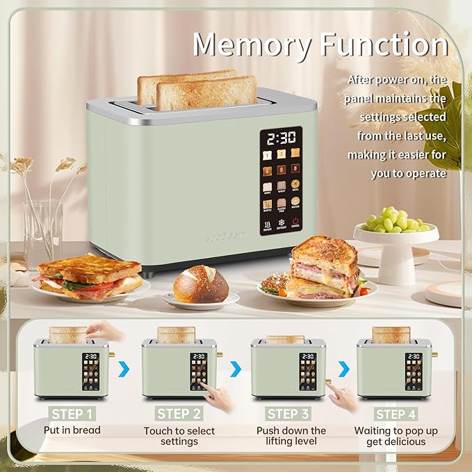 SEEDEEM Toaster 2 Slice Touch Control Screen Smart Stainless Toaster 6 Shade Setting 6 Bread Selection Countdown Removable Crumb Tray 900W Mint Green