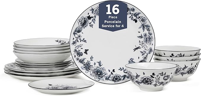 Stone Lain Esme 16-Piece Dinnerware Set Porcelain Plates and Bowls Set Dish Set for 4 Cereal and Pasta Bowls Microwave and Dishwasher Safe Black