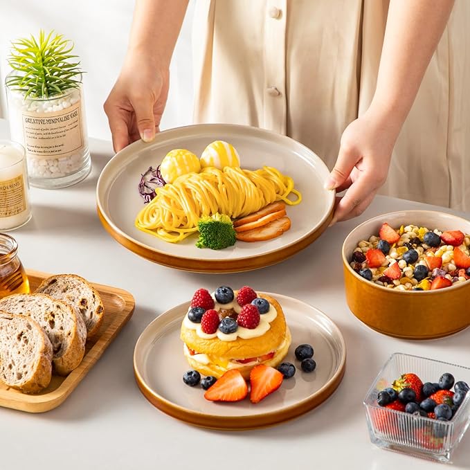 vancasso ONION Ceramic Plates and Bowls Sets 24 Pieces Grey Dinnerware Sets for Kitchen Reactive Glaze Dishes Set for 8 Dishwasher and Microwave Safe