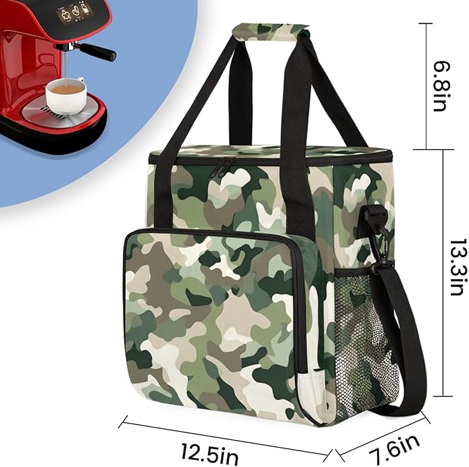 Camouflage Themed Coffee Maker Travel Bag for Keurig K-Mini/K-Mini Plus Insulated Waterproof Tote with Pockets for K-Cup Portable Single-Serve Brewer Case
