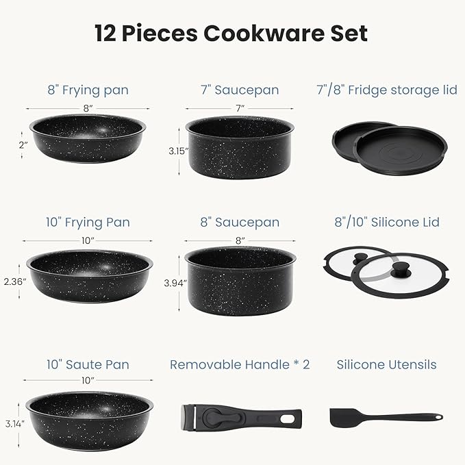 Hexago 12-Piece Black Granite Non-Stick Cookware Set with Detachable Handles – All-in-One Healthy Non-Toxic Pots and Pans for All Stovetops Dishwasher-Safe