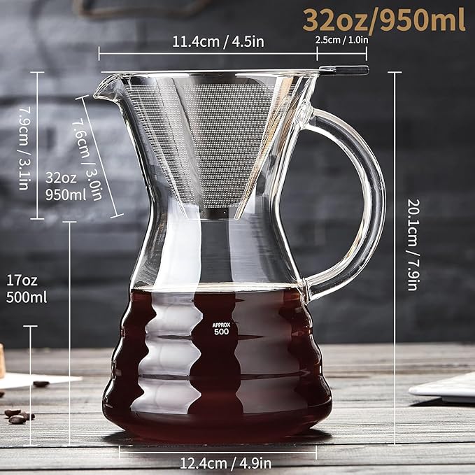 Unbreakable - 18 Pack Pour Over Coffee Maker with Permanent Stainless Filter 27 fl oz Thickened Heat-Resistant Borosilicate Glass Dripper Coffee Brewer Stovetop Safe