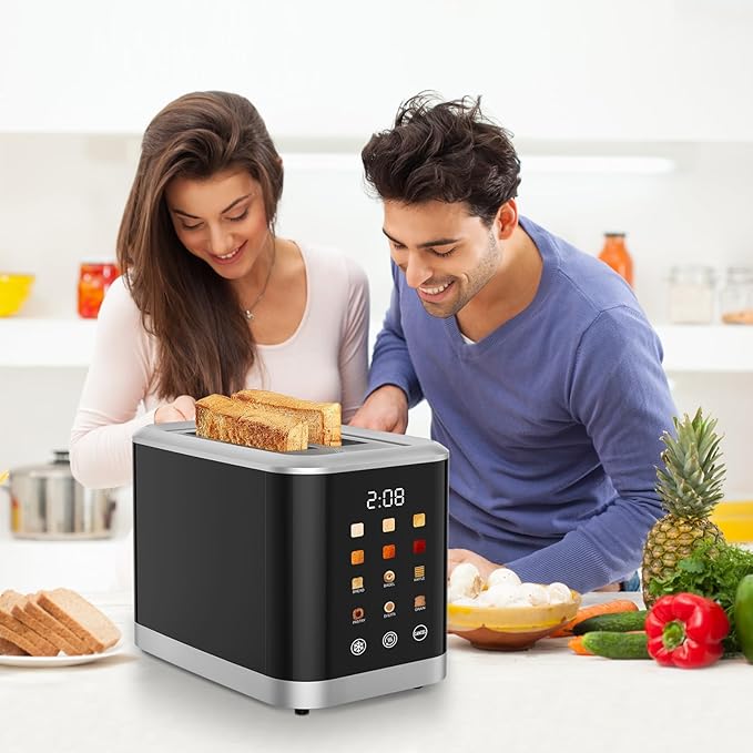 Touch screen Toaster 2 Slice Digital Timer Toasters with 6 Bread Types &amp 6 Shade Settings Smart Extra Wide Slots Toaster with Bagel Defrost Reheat Cancel Function