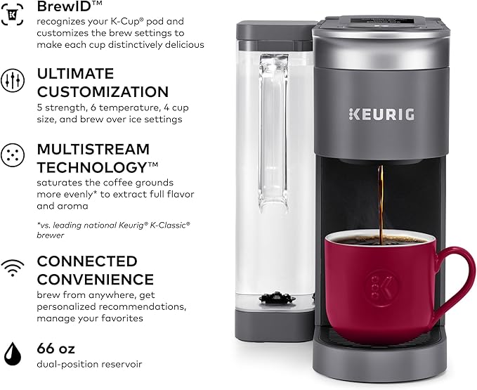 Keurig K-Supreme SMART Single Serve Coffee Maker With Wifi Compatibility 4 Brew Sizes And 66oz Removable Reservoir Compatible with Alexa Gray