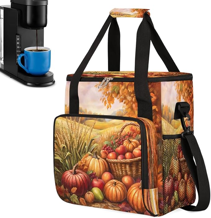 Autumn Apple Pumpkin Wheat Maple Leaves Coffee Maker Carring Bag Travel Carrying Storage Tote Bag Compatible with Keurig K-Mini or K-Mini Plus Portable Single Serve Coffee Brewer Case with Pockets