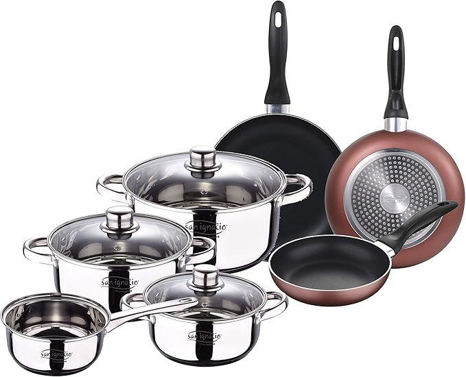 7-Piece Stainless Steel Battery: Saucepan Without lid Ø16 / saucepans with lid Ø18 / Ø20 and Ø24 (4.0L) and Set of 3 Pans Ø16/20/24 cm Pressed Aluminium