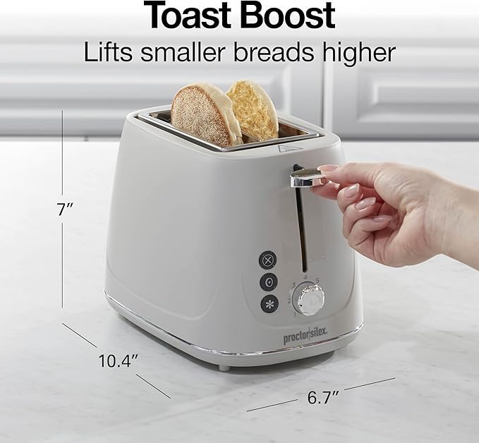 Proctor Silex Plastic 2 Slice Toaster Bagel Defrost &amp Cancel Buttons Browning Control With 7 Shades Auto Shutoff Slide-Out Crumb Tray Oat White (22660)