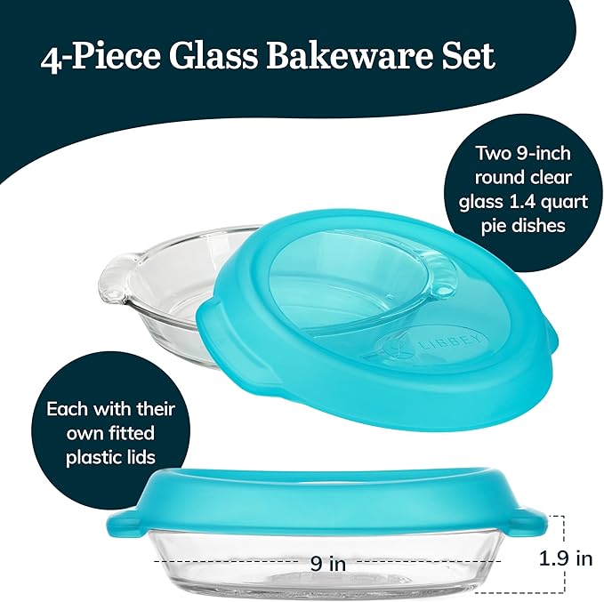 Libbey Baker’s Premium 2 Piece Glass Pie Plate Stackable Space Saving Casserole Dish Set with Lids Glass Baking Dish Set for Fruit Pies Quiches
