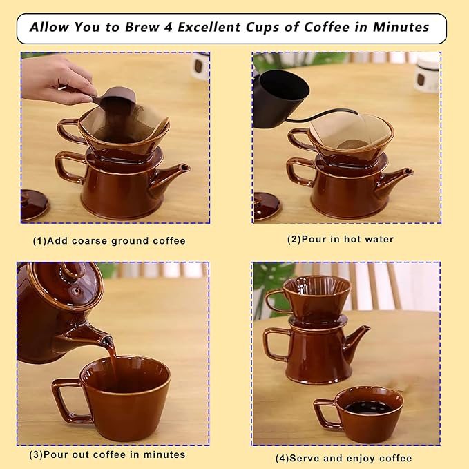 Wild Lily's Spring 22 Oz Vintage Ceramic Pour Over Coffee Maker Set with 4 Coffee Mugs Ceramic Coffee Pot &amp 3-Hole Dripper Set Perfect for 3-4 People at Home in Cafés and Restaurants (Caramel)