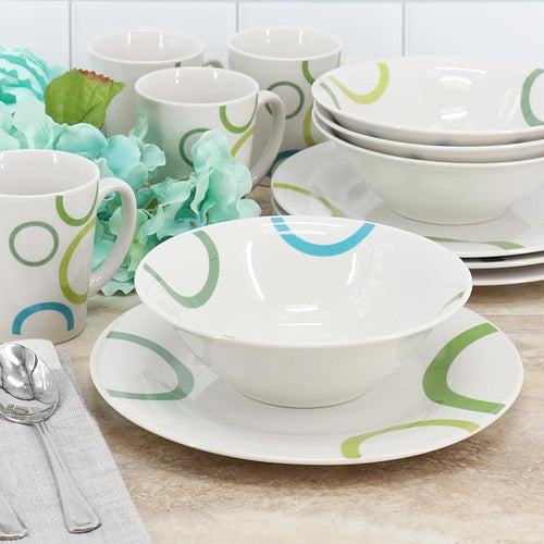 12-Piece Ceramic Dinnerware Set for 4 – White Round Plates Bowls &amp Mugs with Green Loops – Microwave &amp Dishwasher Safe Tableware Set (White &amp Green)