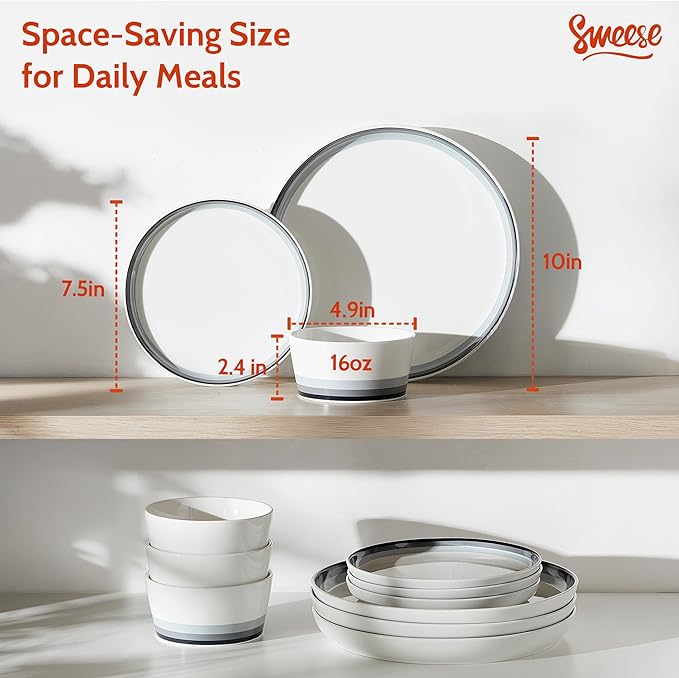 Sweese 12 Piece Dinnerware Sets for 4 - Porcelain Plates and Bowls Set - Scratch Resistant Dishwasher and Oven Safe Round Dinner Sets - Dish Sets -White and Blue Gradient