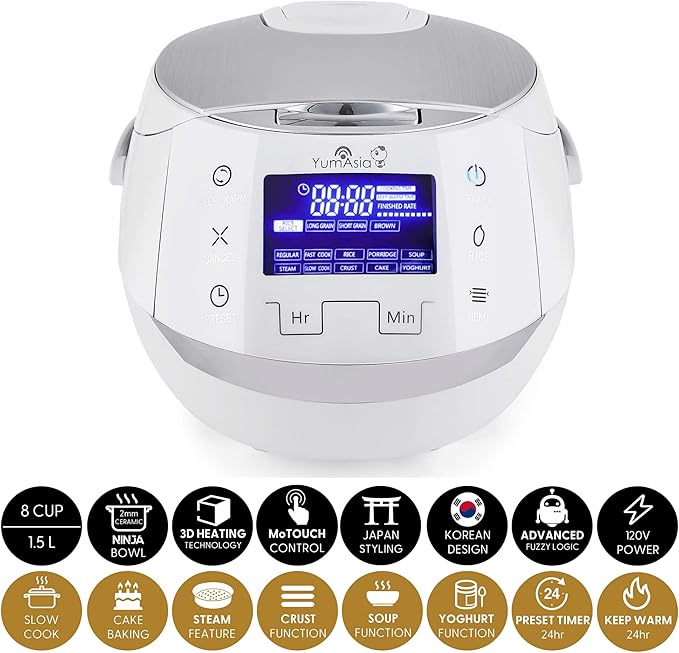 Yum Asia Sakura Rice Cooker with Ceramic Bowl and Advanced Fuzzy Logic (8 Cup 1.5 Litre) 6 Rice Cook Functions 6 Multicook Functions Motouch LED Display 120V Power (White and Siver)