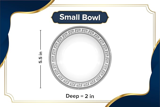 48 Piece Porcelain Dinnerware Sets for 12 – Plates and Bowls – White with Silver Greek Key Design Dish Set for Kitchen Table Everyday Dining or Formal Occasions (Meander Silver)