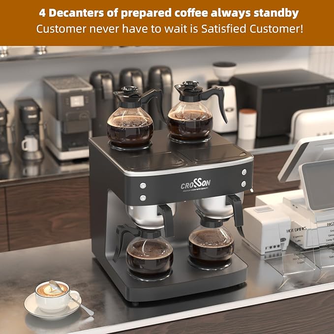 crosson 200 Cup/hour Commercial Drip Coffee Maker 7.2L Pour Over Coffee Brewer with 4 Glass Decanter&ampWarmers and Easy Clean Fingerprint Free Housing and 304 Stainless Steel Funnel