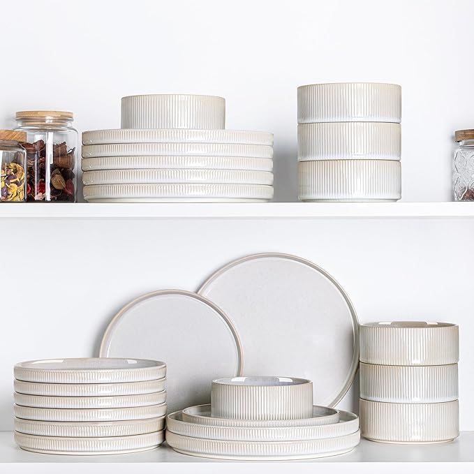 TheTerra Ceramic Dinnerware Sets for 8 24 Pieces Porcelain Lightweight Plates and Bowls Sets Scratch Resistant Dish Set Oven &amp Microwave &amp Dishwasher Safe Cappuccino White