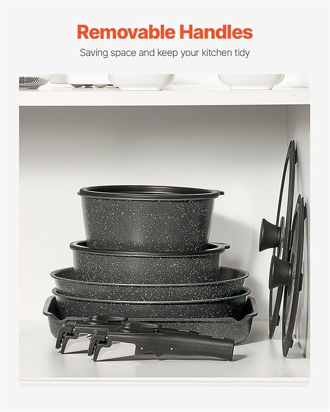 17 Piece Pots and Pans Set Nonstick Granite Cookware Induction Compatible Kitchen Cookware Set with Detachable Handles Black