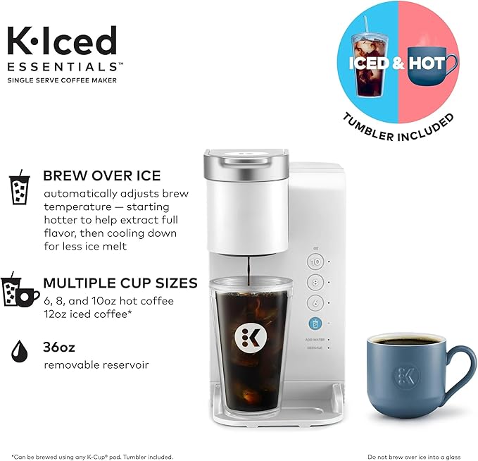 KeurigK K-Iced Essentials Coffee Maker Iced and Hot Single-Serve KCup Pod Brewer with Removable Reservoir and Auto-Off Energy Efficient Includes K Iced Tumbler Compact White