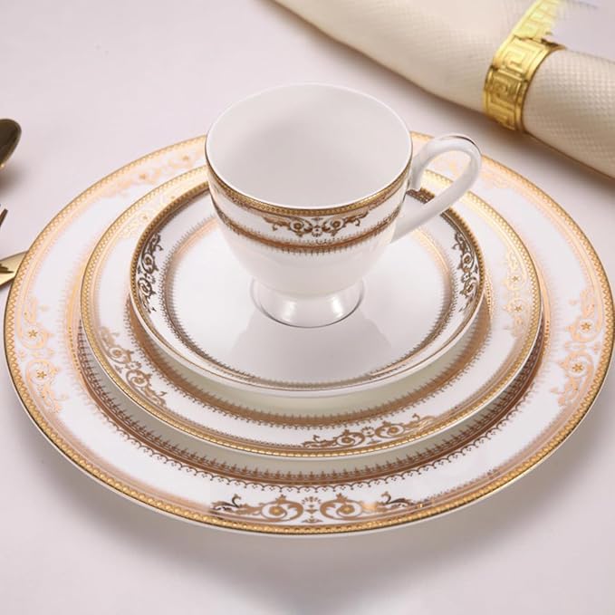 16 Piece Dinnerware Sets Round Dinner Plate Scratch ResistantOven Dishwasher Safe gold line bone china dinnerware set for homegift for mother and wife