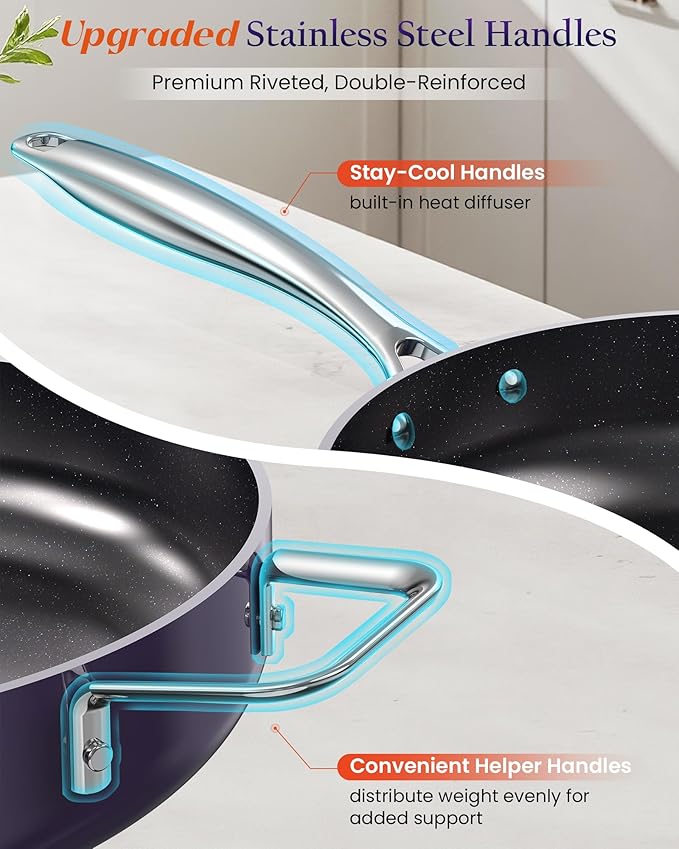 Nuwave Essential Series 5PC Ceramic Cookware Set PFAS-Free G11 Duralon Blue Coating Pots and Pans Set Non Stick Diamond Scratch-ResistantStay-Cool Handle Metal LidInduction ReadyDishwasher Safe
