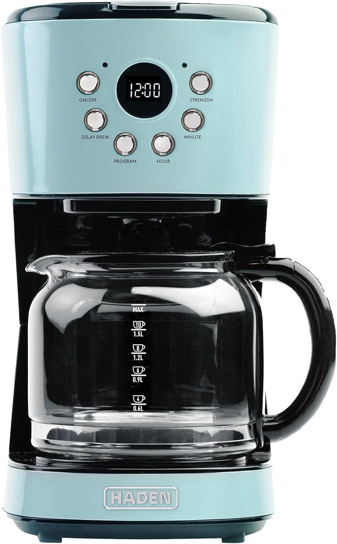 Haden Coffee Machine 12 Cup Programmable Drip Coffee Maker with Auto Shut-Off Function and Reusable Washable Water Filter Turquoise &amp Chrome