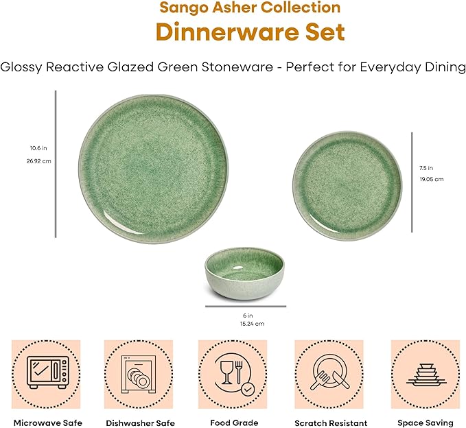 Sango 12-Piece Stoneware Dinnerware Set for 4 Green Ceramic Plates and Bowls Sets Modern Dish Set with Reactive Glaze Durable Kitchen Dishes for Casual Dining Microwave &amp Dishwasher Safe Ashe