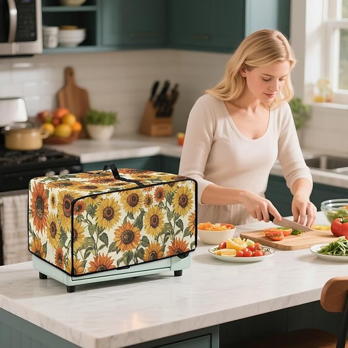 Faux Linen Polyester Toaster Oven Cover Scratch Resistant Appliances Dust Cover with Top Handle Side Storage Pockets for Home Kichen Appliances Retro Sunflower