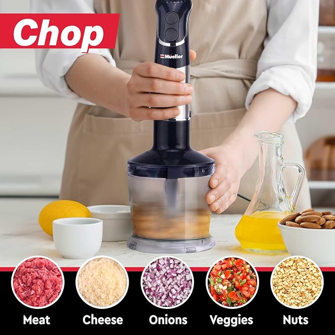 Mueller Multistick 800W 5-in-1 Immersion Blender Handheld 12 Speed Hand Mixer - Turbo Boost Heaviest Duty Copper Motor Titanium Blades Hand Blender Milk Frother Wand Whisk Kitchen Gadgets Black