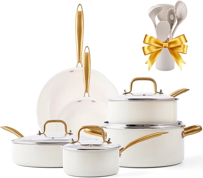Ceramic Cookware Set VONIKI 16 Pcs Pots and Pans Set Non Stick Kitchen Cookware Sets with Cooking Utensils Set Non Toxic Cookware Set White Gold Pan Set for Cooking Pot Oven &amp Dishwasher Safe