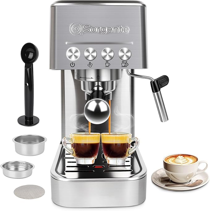 Sorgente Espresso Machine 20 Bar Stainless Steel Coffee Maker with Milk Frother 1350W with Fast-Heating System Innovative Coffee Grounds Filter Espresso Machines for Home Barista