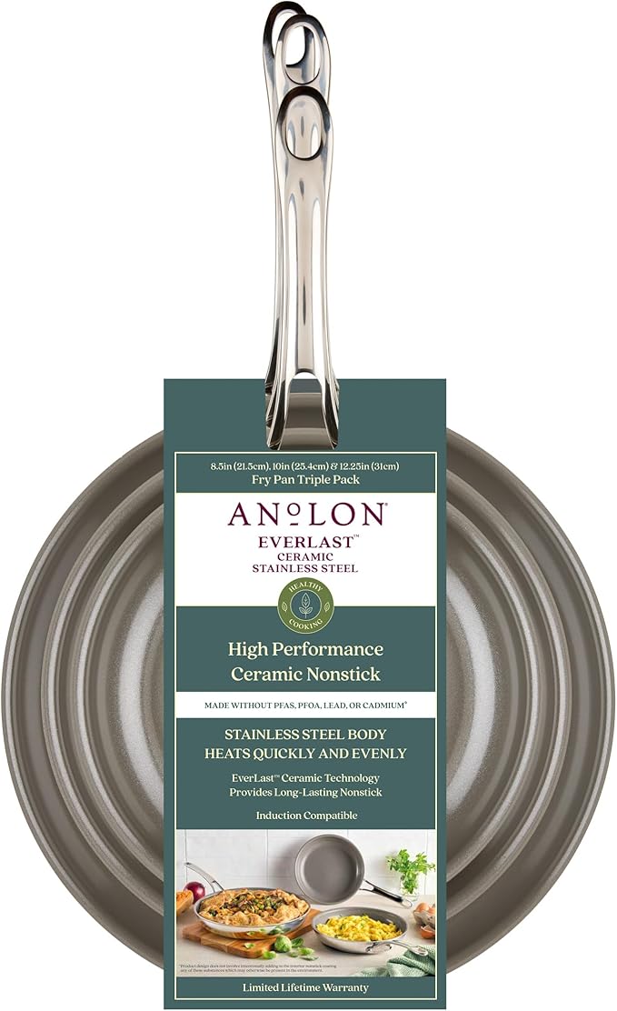 Anolon EverLast Ceramic Nonstick Frying Pans/Skillets Clad Induction 3 Piece Set 8.5 Inch 10 Inch and 12.25 Inch Open Fry Pans - Stainless Steel