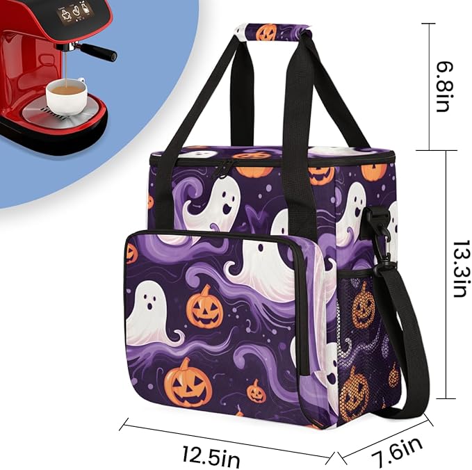 Halloween Ghosts Coffee Maker Carrying Bag Retro Ghosts Travel Storage Bag Compatible with K-Mini or K-Mini Plus Single Serve Coffee Brewer Carrying Case with Multiple Pockets &amp Shoulder Strap