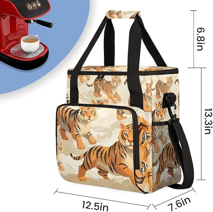 Tiger Coffee Maker Carrying Bag Cute Tiger Portable Travel Storage Tote Bag Compatible with K-Mini or K-Mini Plus Single Serve Coffee Brewer Carrying Case with Multiple Pockets &amp Shoulder Strap