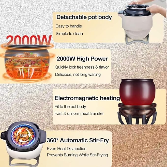 2000w Automatic Cooking Machine360° Rotation Pot Commercial Auto Stir Fry Machine 3D Heating 3 Speed Modes with Smart Touch for Stir Frying/Soup/Rice Home &amp Kitchen