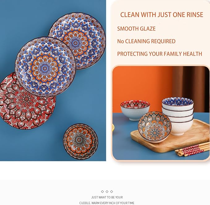 Bohemian Ceramic Dinnerware Set 4 Soup Bowls 2 Plates Dishwasher and Microwave Safe Ideal for Salad Pasta Rice Oatmeal and Fruits Perfect Kitchen Essentials Bohemian Style Dinnerware
