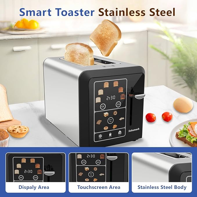 2 Slice Touch Screen Toaster 1.3 Wide Slots Smart Digital Display Toaster with 6 Browning Levels &amp 6 Bread Types Memory Defrost Reheat Stainless Steel 800W