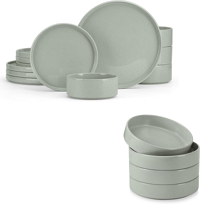E-far Stoneware Dinnerware Sets with Pasta Bowls Set of 4 Bundle 12PCS Plates and Bowls Dish 35oz Ceramic Large Salad Bowl Plates for Serving Soup Dinner Microwave &amp Dishwasher Safe Speckled G
